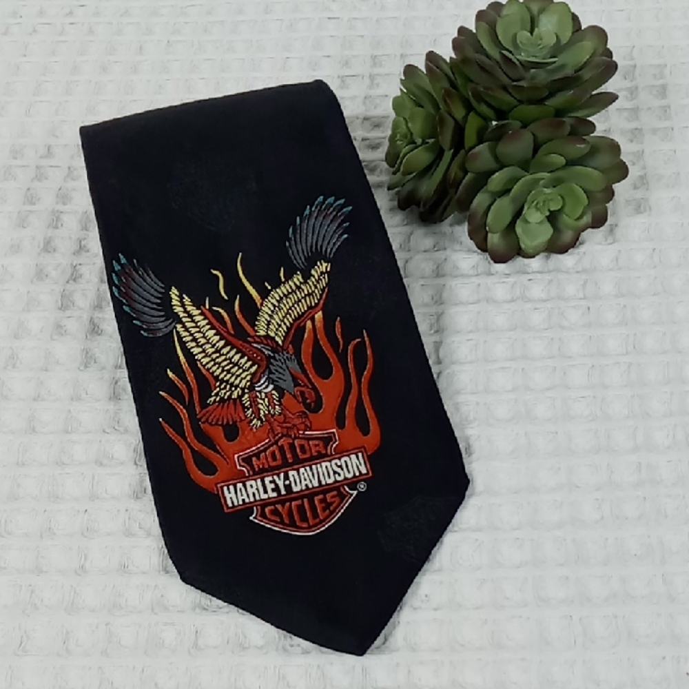 Ralph Marlin Y2K Harley-Davidson Eagle In Harley Flames Black Neck Tie